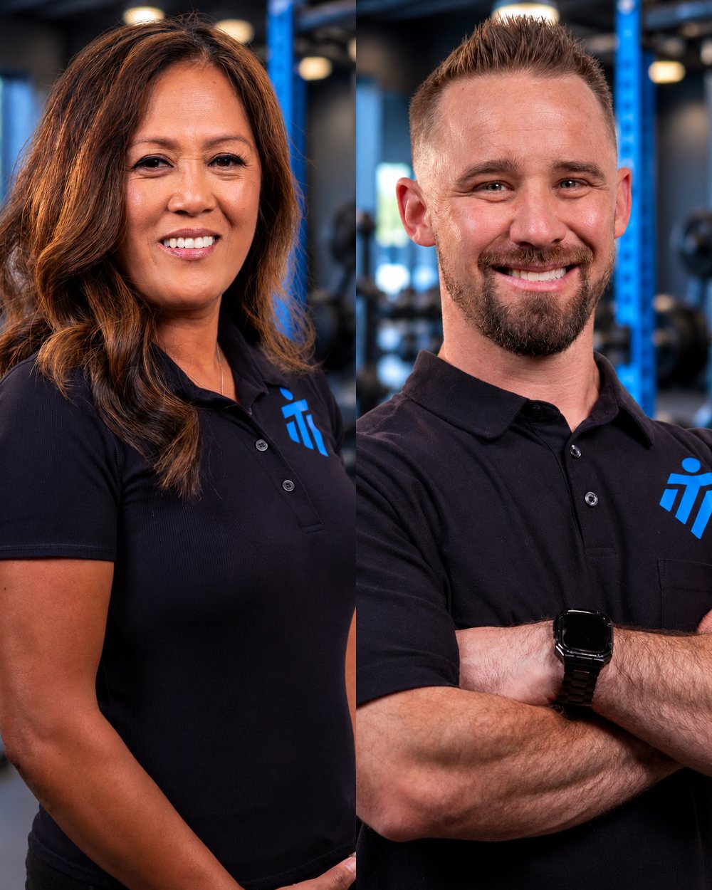 Lynn Davis, IMTI's lead therapist, beside Matt Tiess, its vice president and strength coach, in the IMTI gym